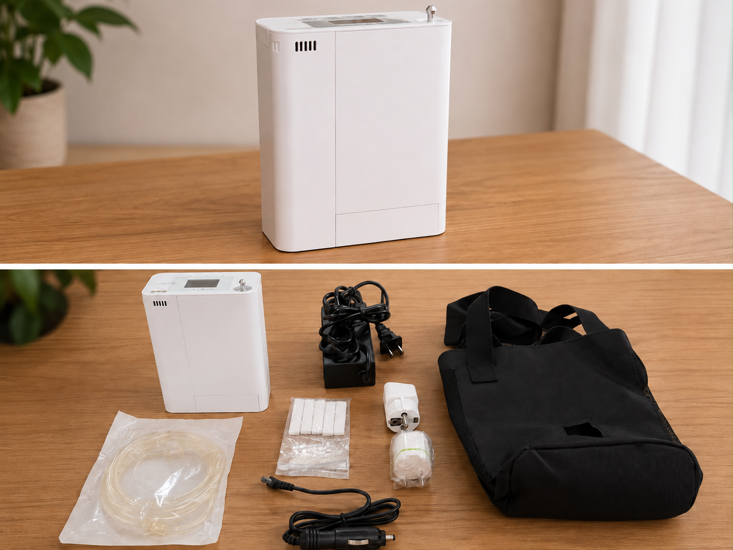Concentrador portátil Aire Puro junto con sus accesorios y bolso de transporte
